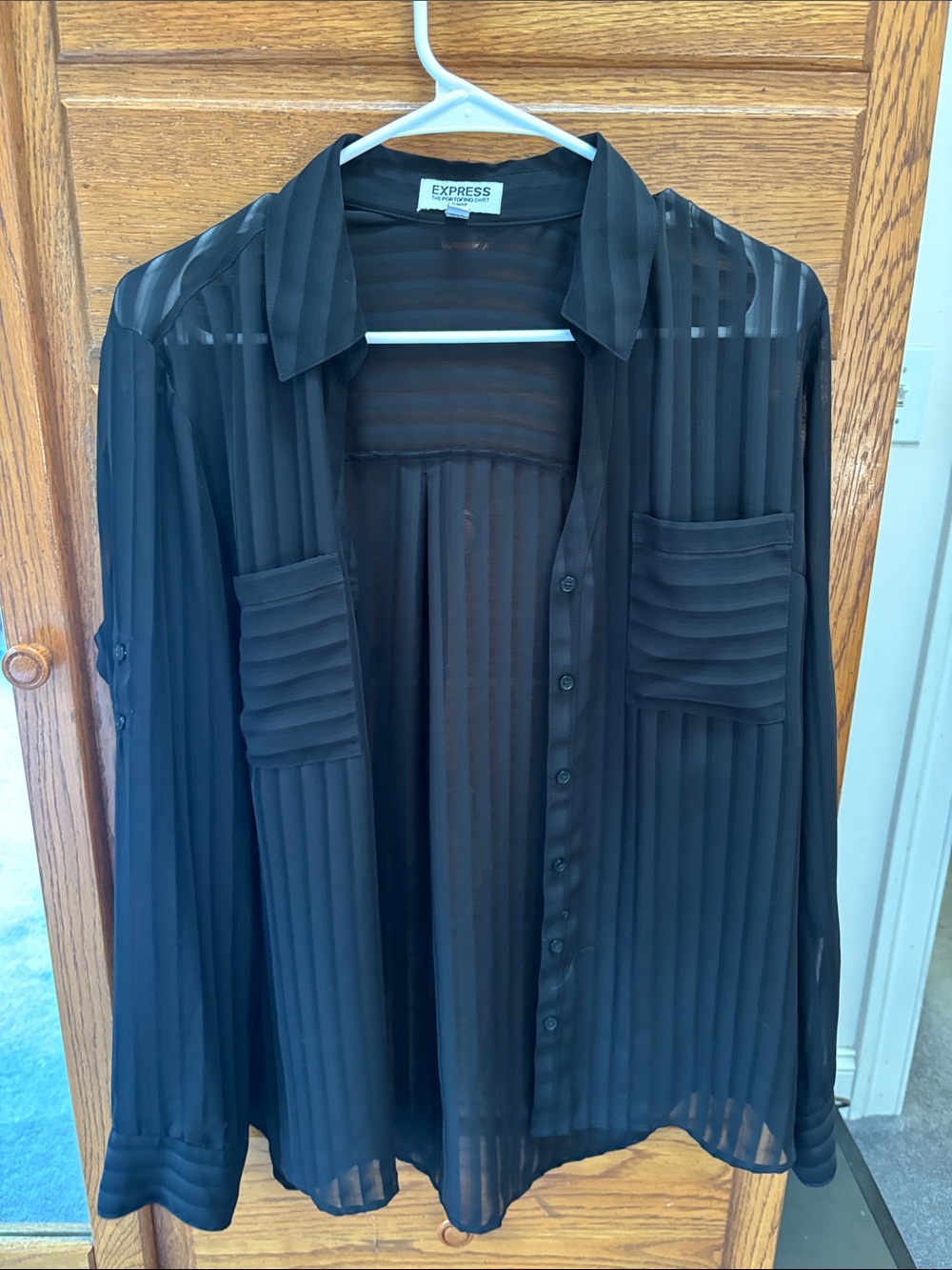 Express Black Sheer Vertical-Stripe Button Down Shirt